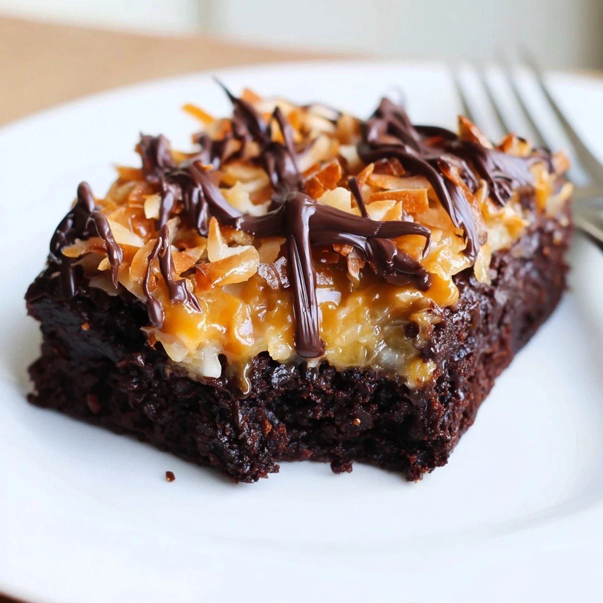 Samoa Brownies with glossy chocolate drizzle, sticky caramel and toasted coconut