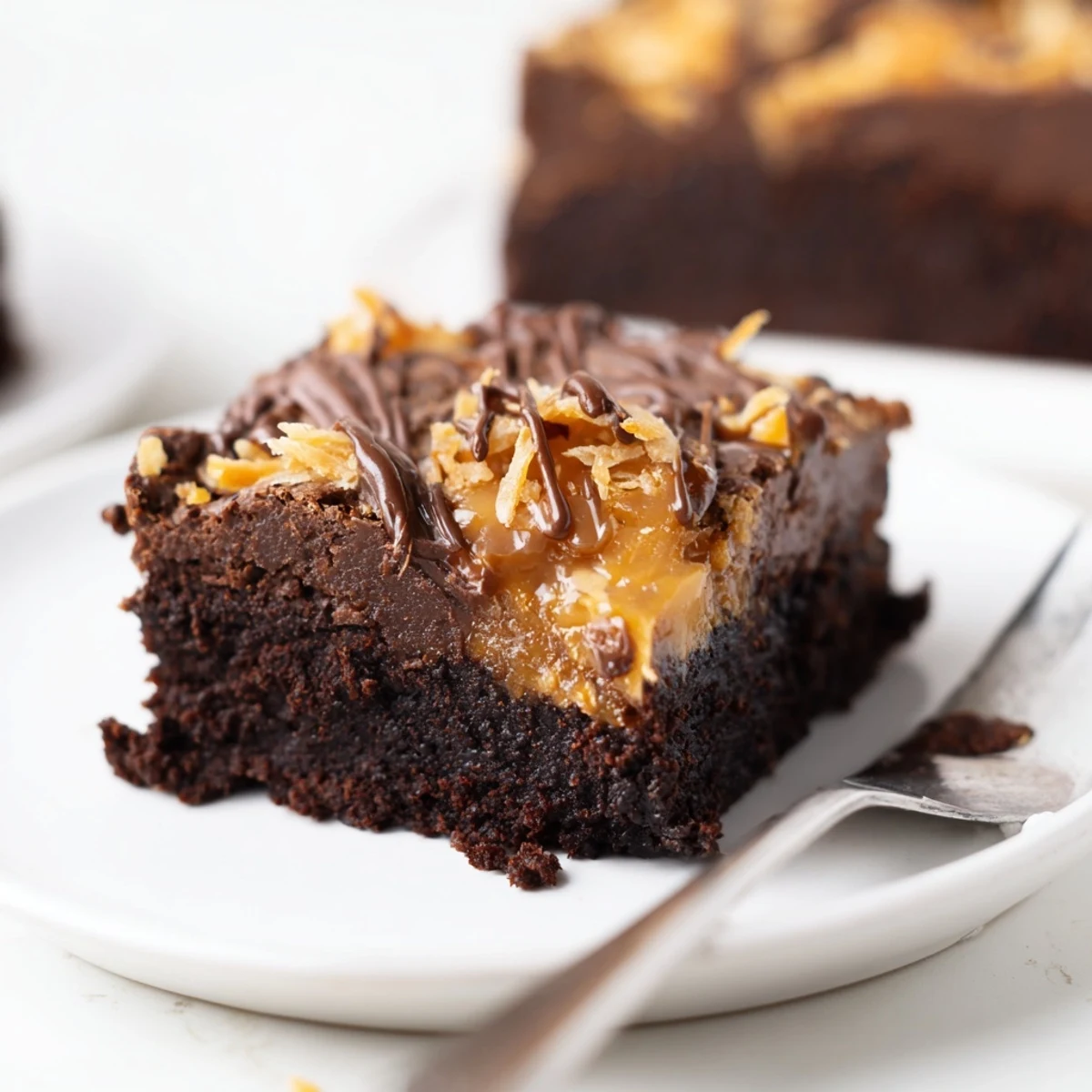 Freshly cut Samoa Brownies showing fudgy center, caramel layer, warm coconut