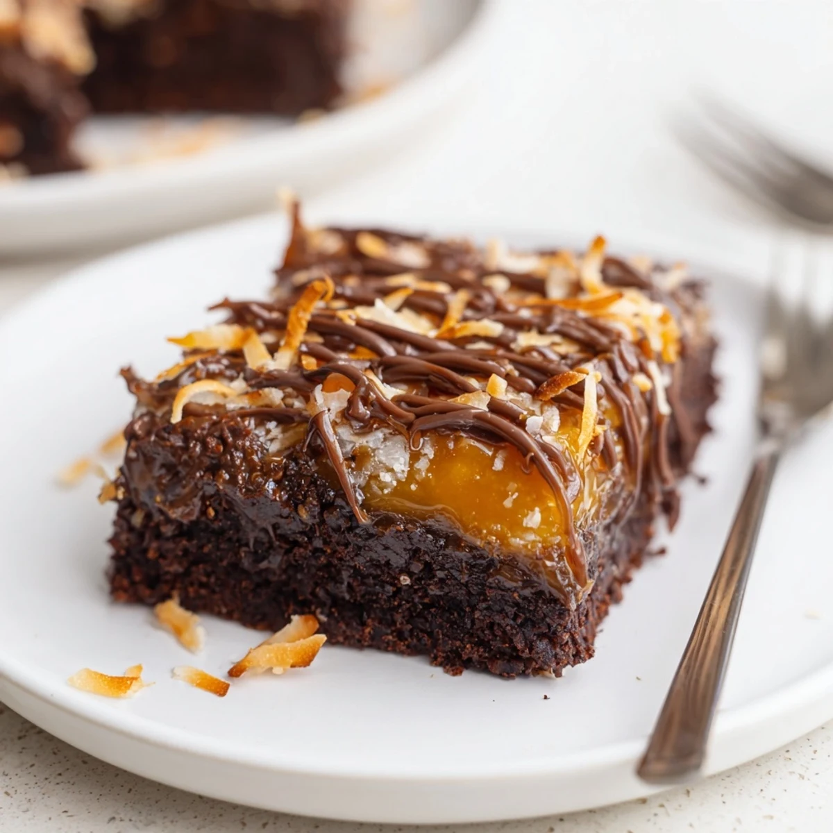 Stack of Samoa Brownies served on plate, sprinkle of flaky sea salt
