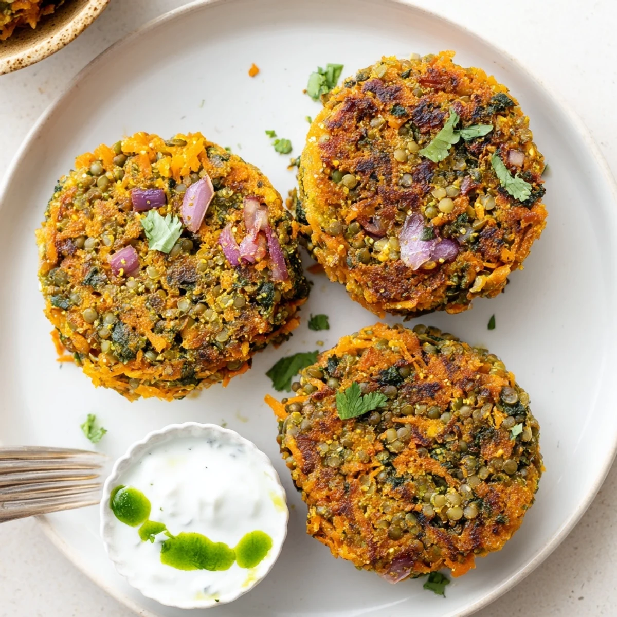 Crispy Sweet Potato Lentil Patties sizzling golden, served with creamy yogurt dip  