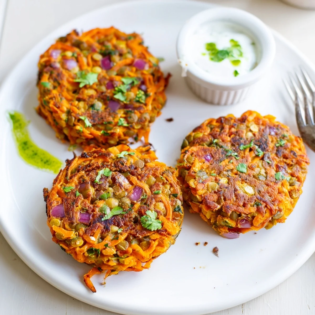 Crispy Sweet Potato Lentil Patties pan-fried until golden, paired with citrus salad