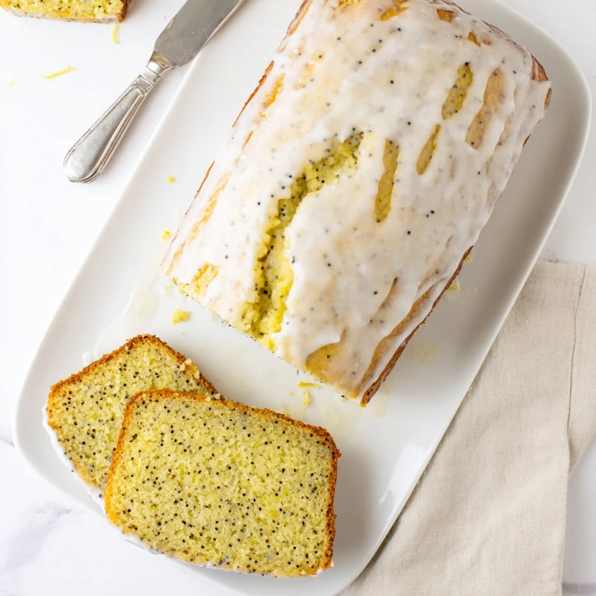Moist lemon poppy seed cake slice plated with fresh berries and powdered sugar