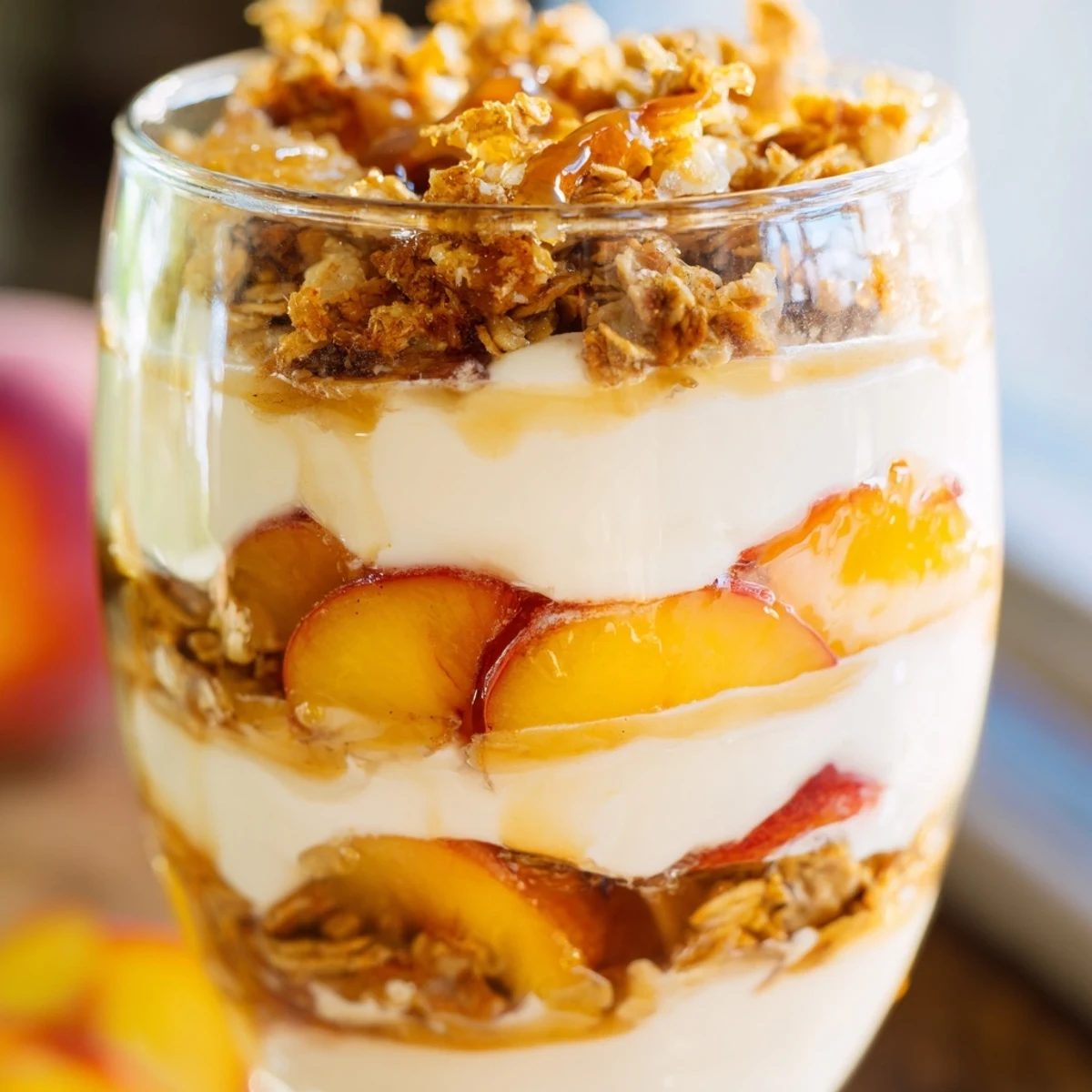 Sweet peach yogurt parfait layered with fresh sliced peaches, creamy Greek yogurt, and crunchy granola in a glass.