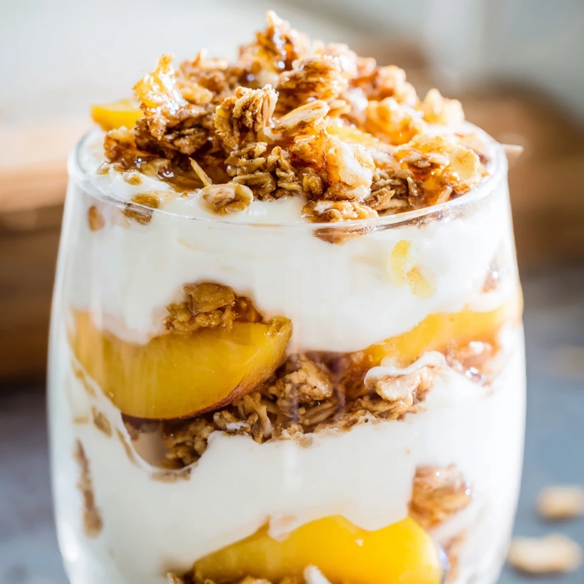 Glass parfait showing alternating layers of honey-drizzled peaches, vanilla yogurt, and crispy granola topped with fresh mint.