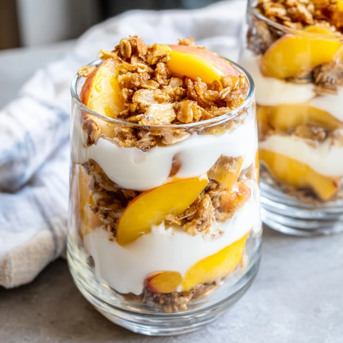 Breakfast parfait featuring ripe peach slices, thick yogurt, and golden granola layers drizzled with sweet honey.