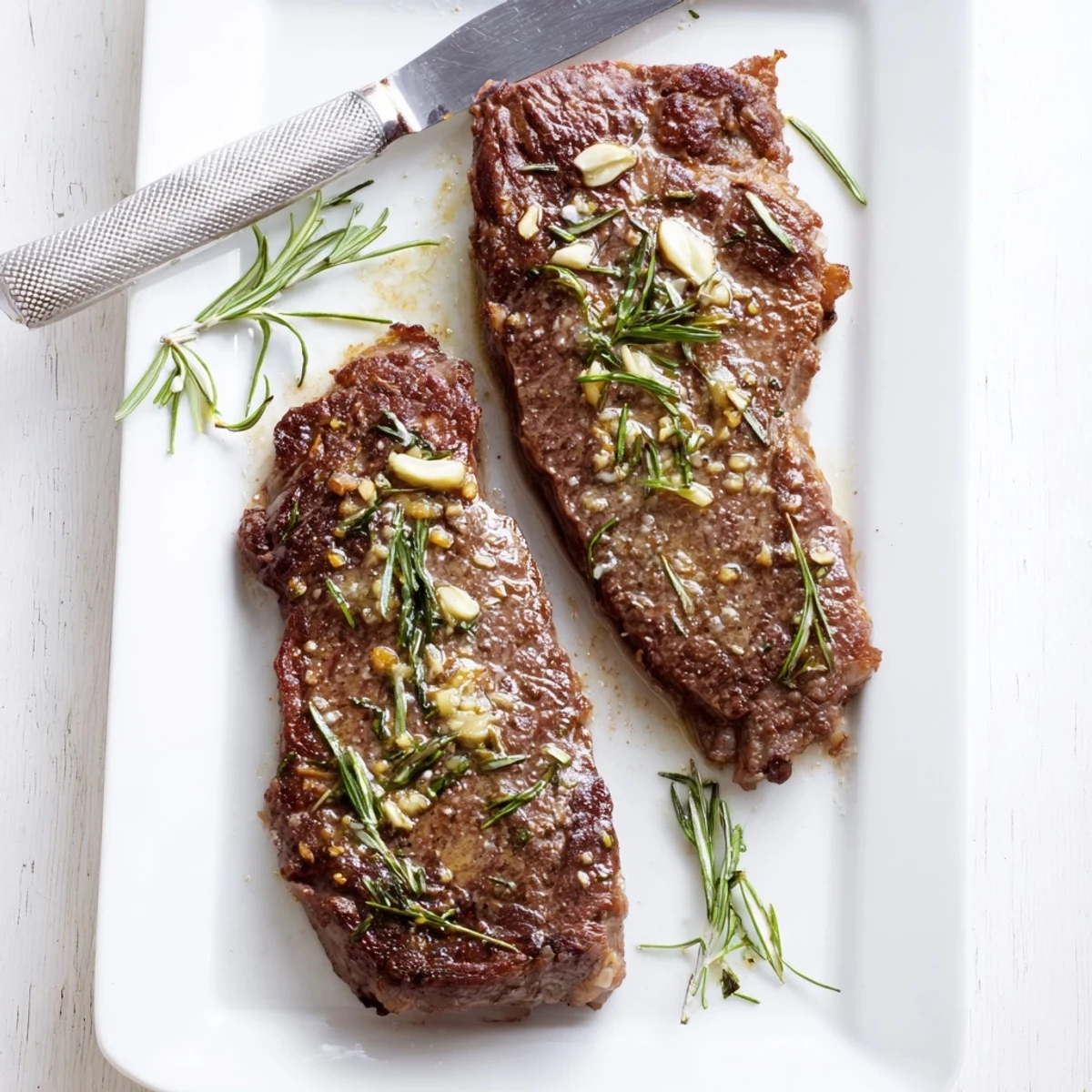 Golden garlic butter steak sizzling in a cast iron skillet with fresh rosemary sprigs