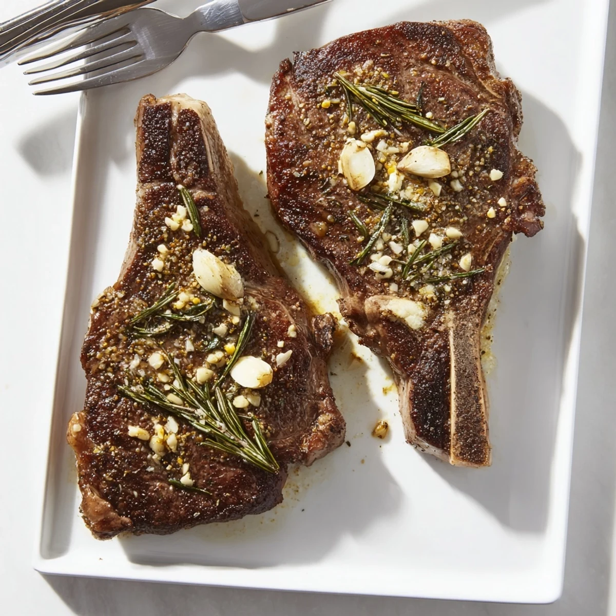 Juicy pan-seared garlic butter steak resting on a white plate with melted herb butter