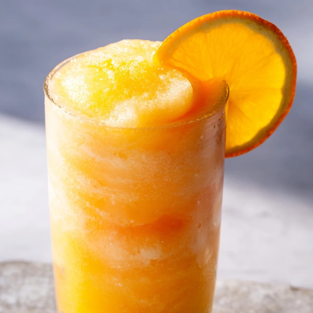 Glass of frozen orange cream slush topped with fresh orange slice and mint sprig