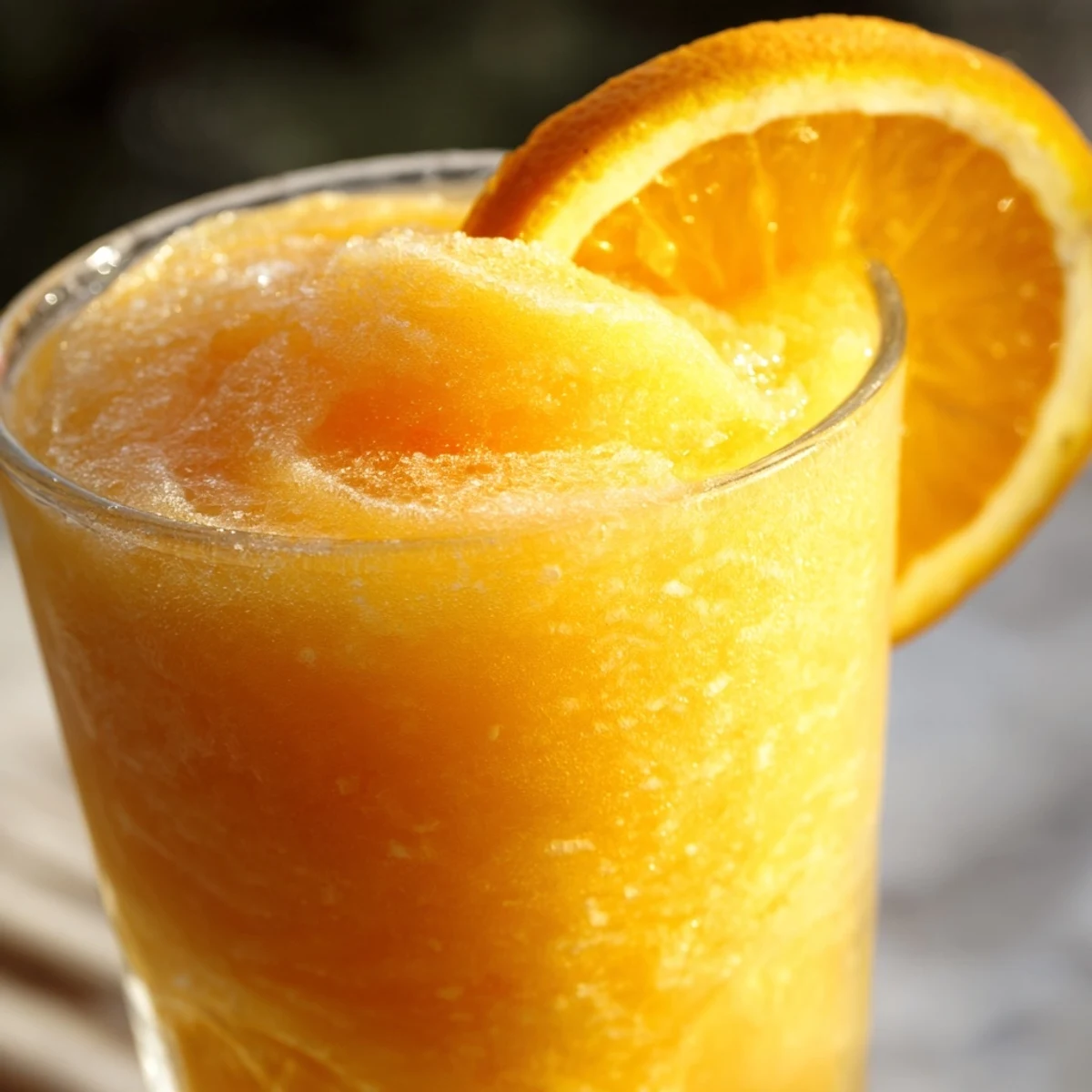 Thick creamy orange slush poured into clear glass showing bright orange icy texture