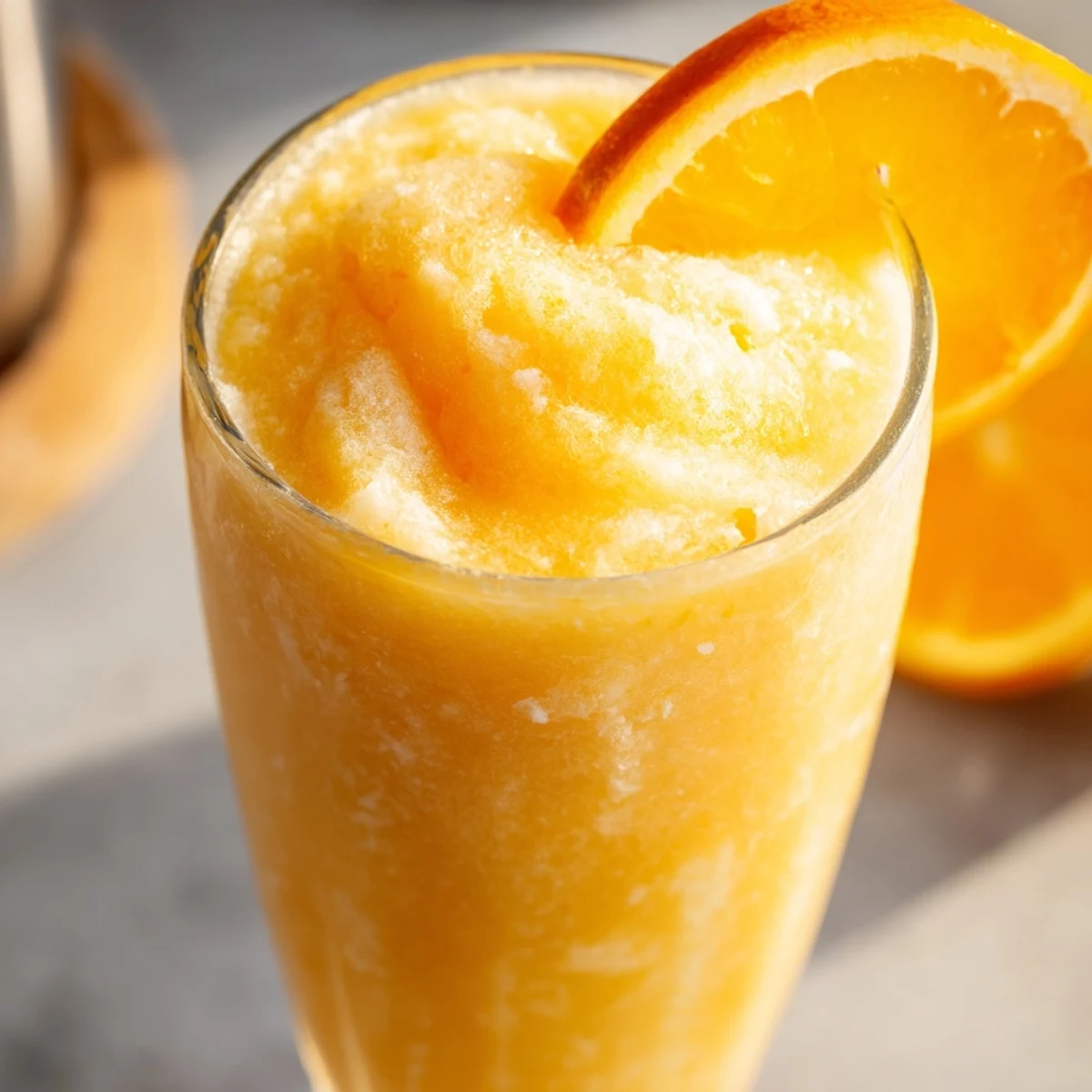Close up of refreshing orange cream slush with whipped cream and orange zest garnish