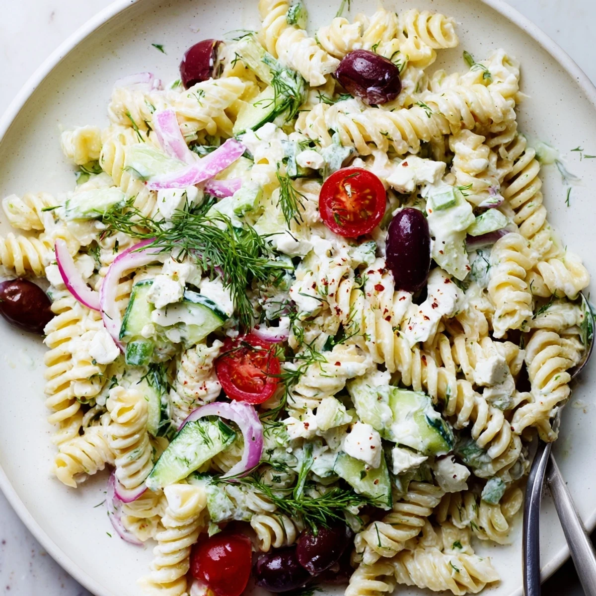 Tzatziki Pasta Salad Mix in glass bowl, cool yogurt tang and cucumber.