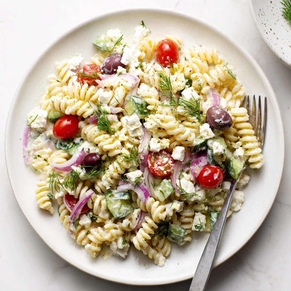 Bright Tzatziki Pasta Salad Mix tossed with al dente pasta, feta, dill.