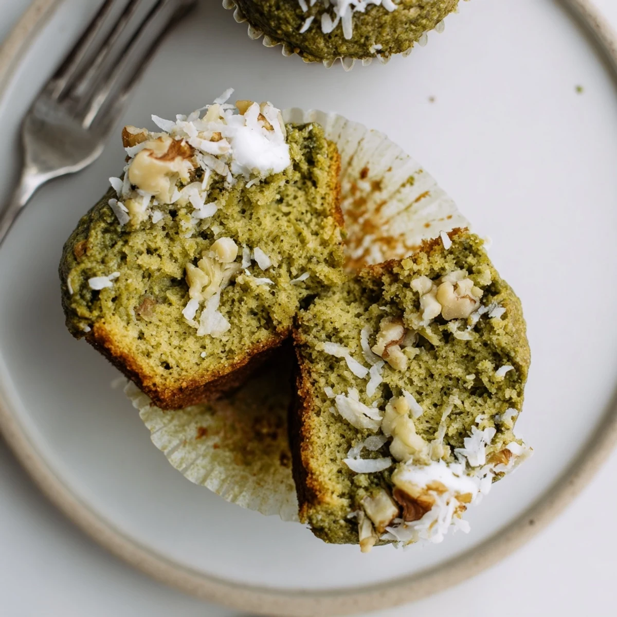 Warm Matcha Banana Coconut Muffins cooling on rack, shredded coconut topping  