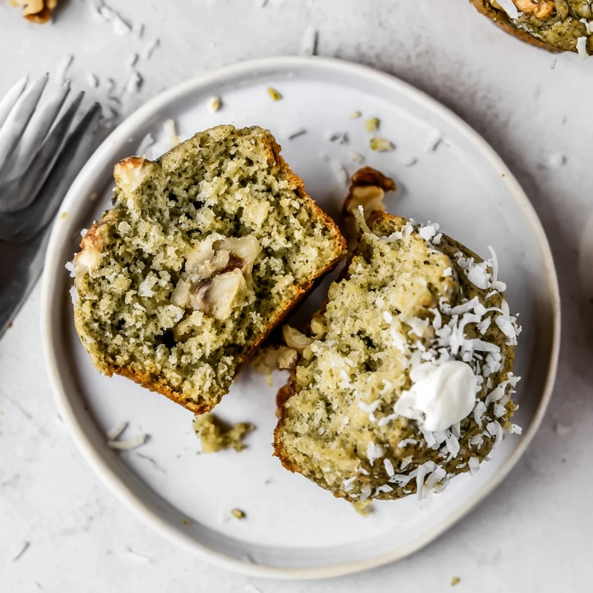 Moist Matcha Banana Coconut Muffins with banana swirls, toasted coconut aroma  