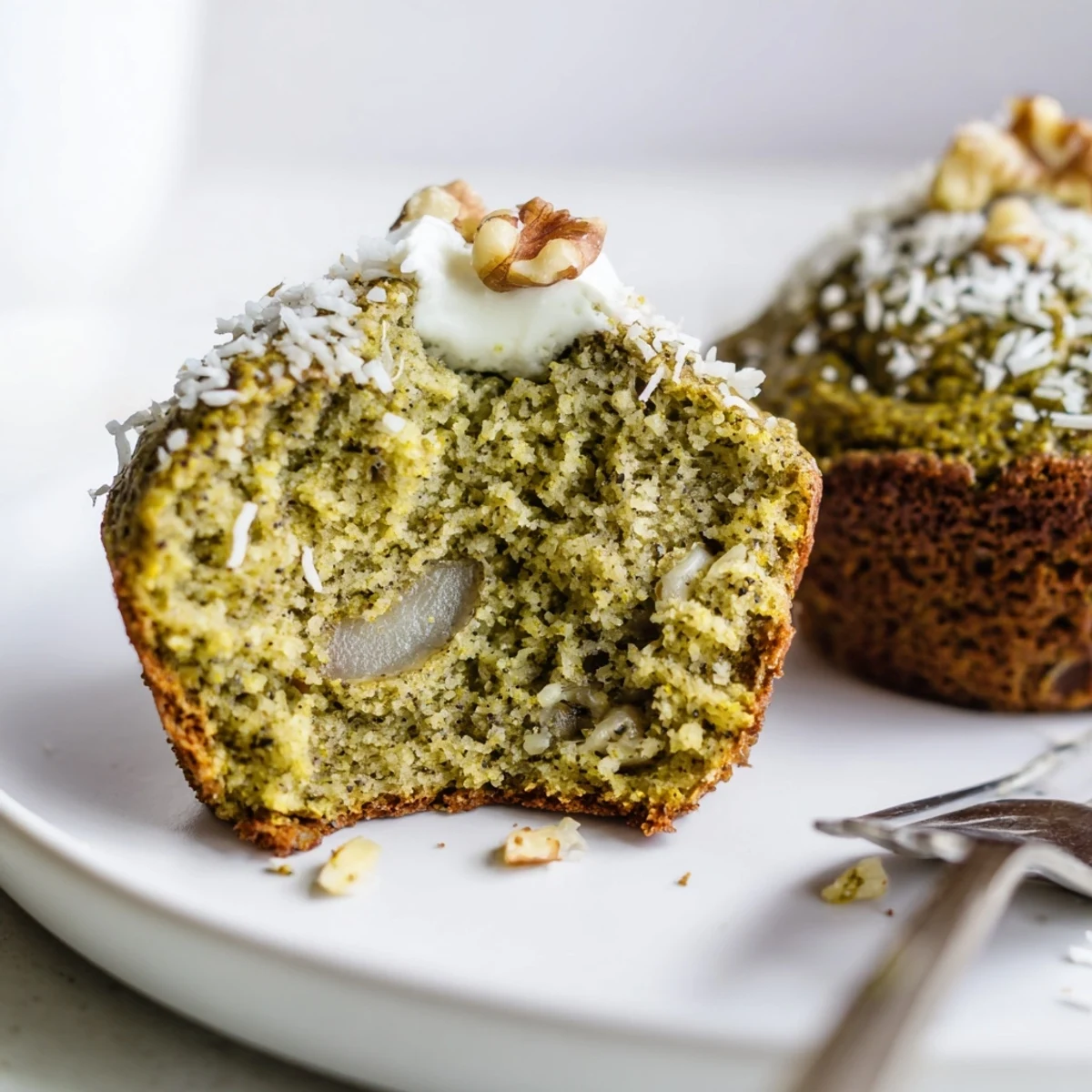 Green-hued Matcha Banana Coconut Muffins served warm with butter or yogurt