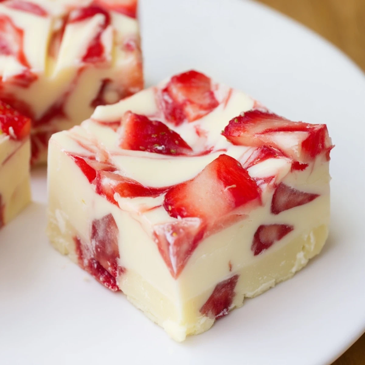 Strawberries Cream Fudge Delight chilled squares showing marbled pink and creamy white swirls