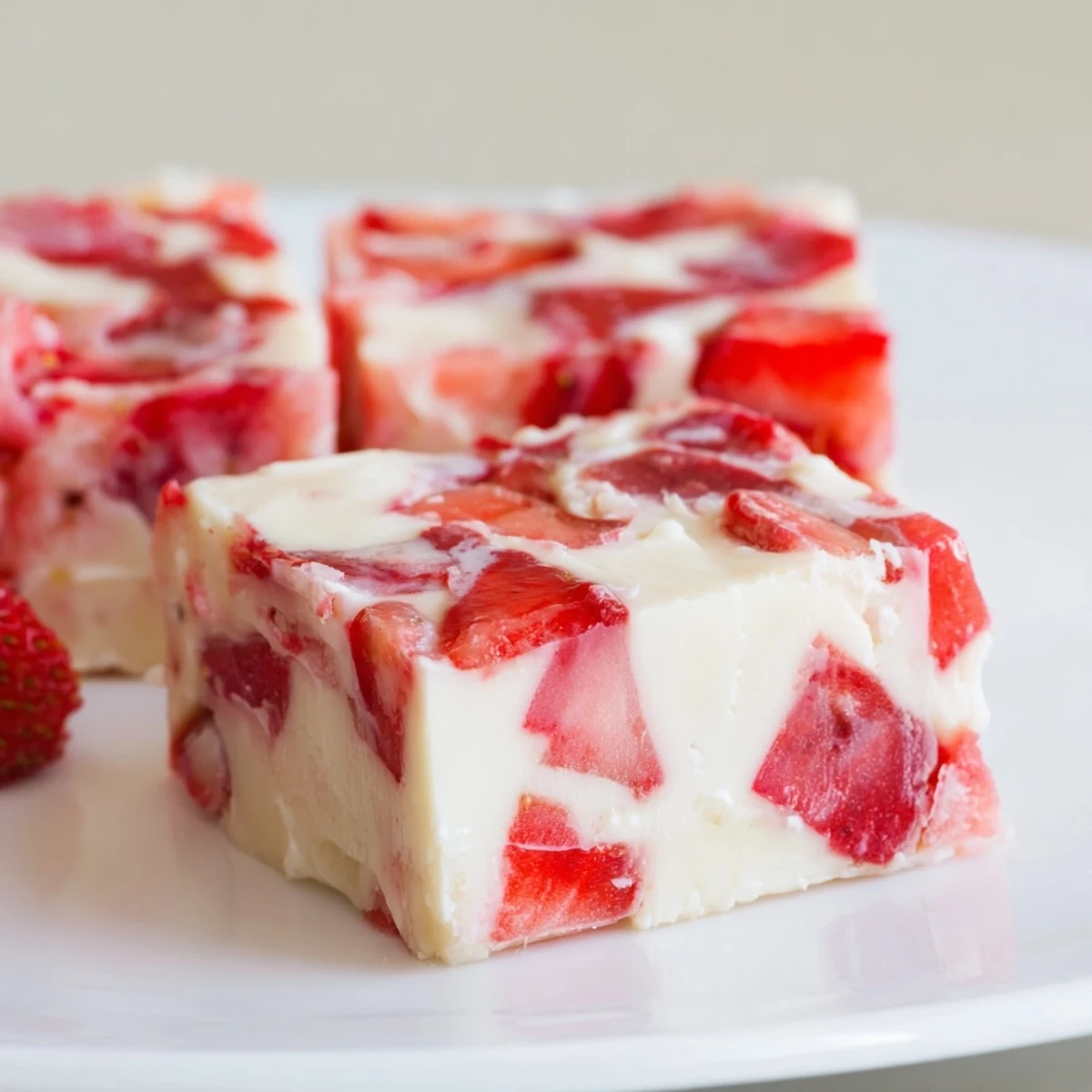 Close-up of Strawberries Cream Fudge Delight, glossy top and soft, dense bite