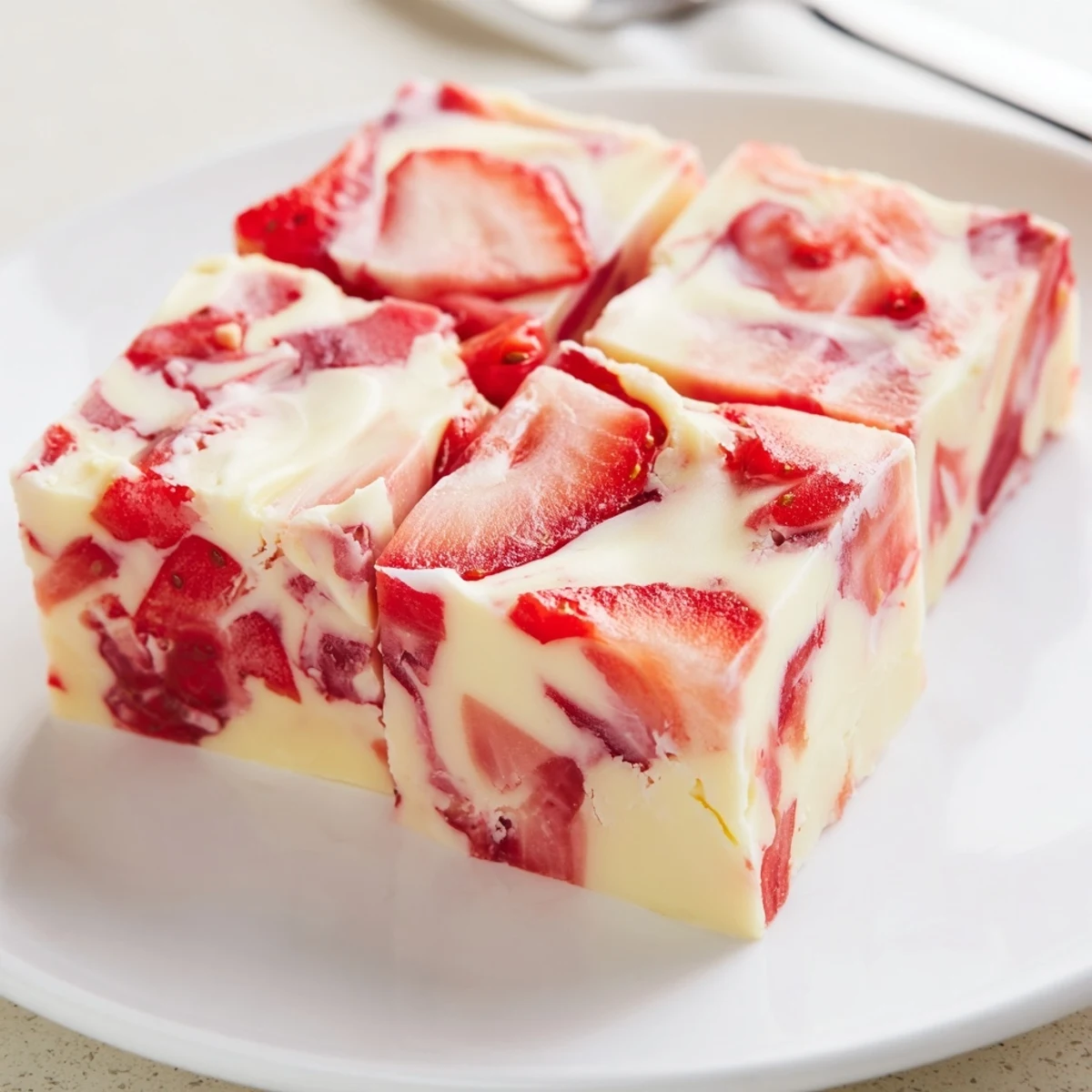 Plate of Strawberries Cream Fudge Delight served chilled with fresh strawberry garnish