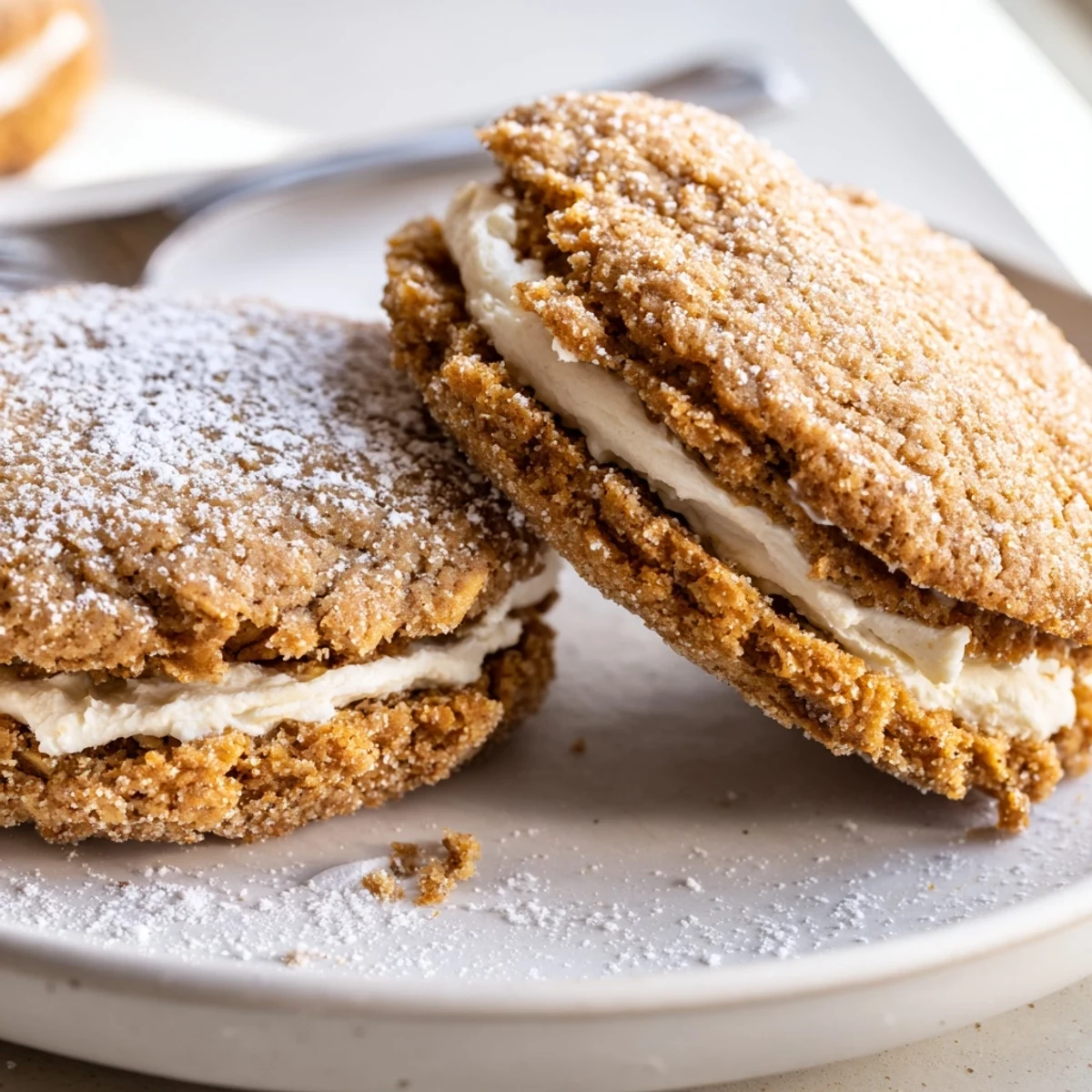 Gluten Free Oatmeal Creme Pies with chewy oats and fluffy vanilla filling