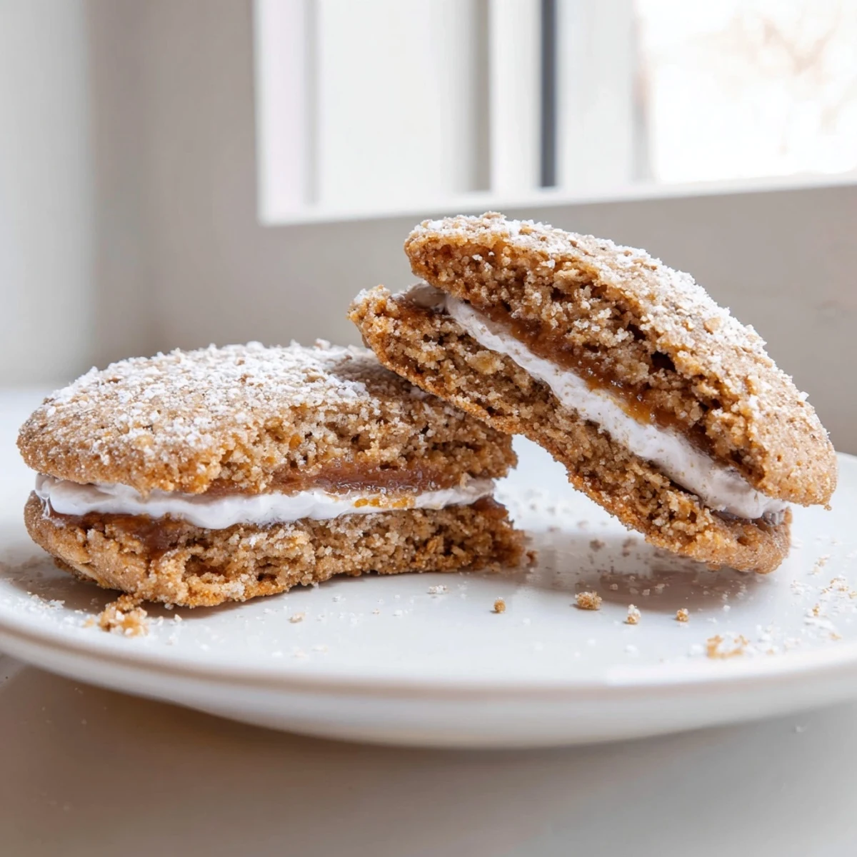 Freshly baked Gluten Free Oatmeal Creme Pies, golden edges and creamy center