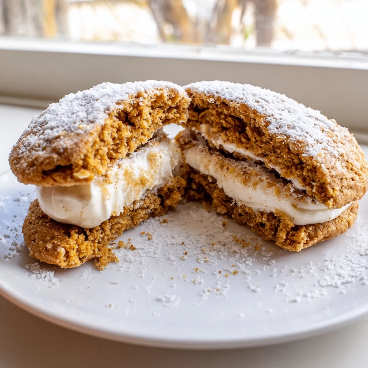 Stack of Gluten Free Oatmeal Creme Pies beside glass of cold milk