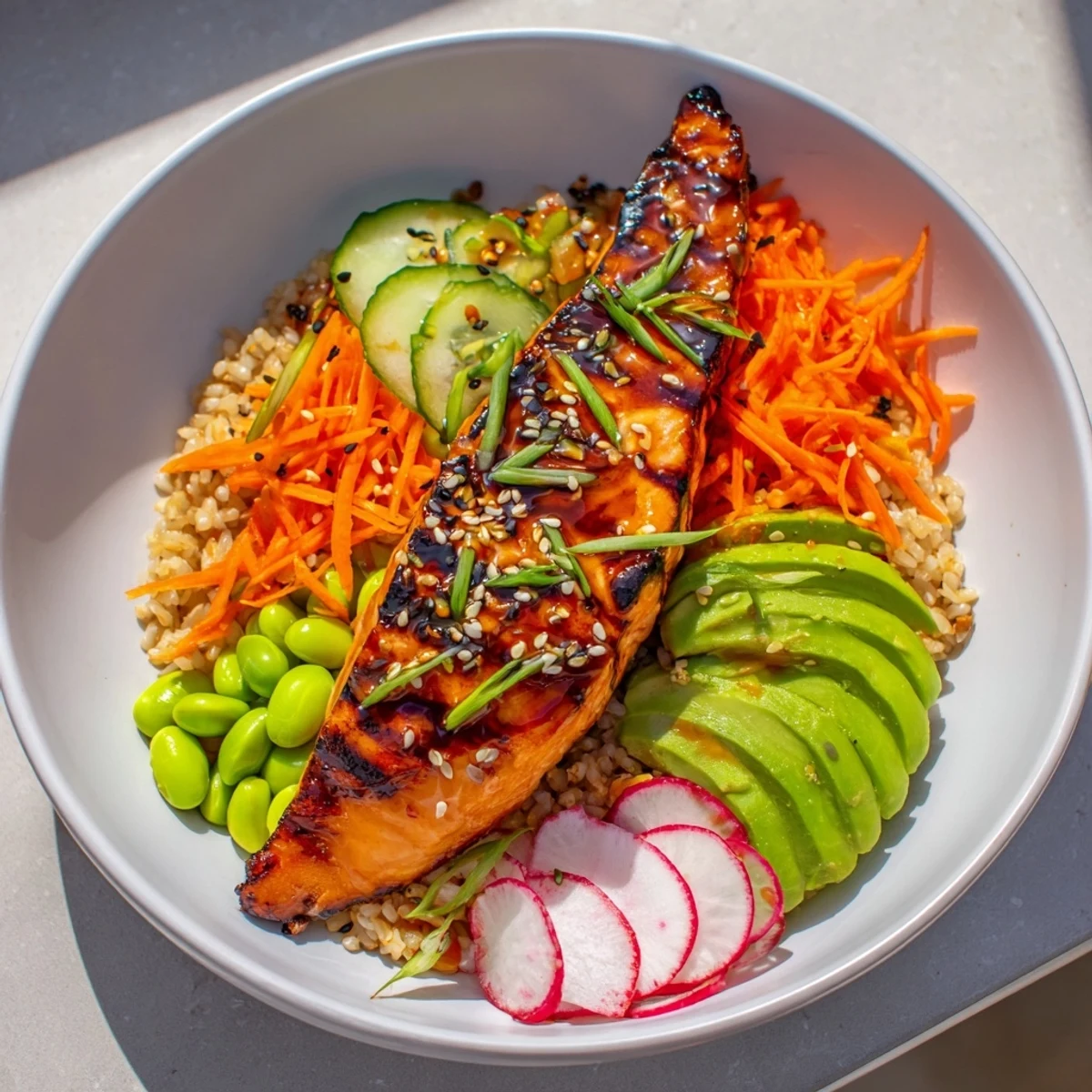 Glazed Asian salmon grain bowl with crisp vegetables, avocado, and sesame seeds