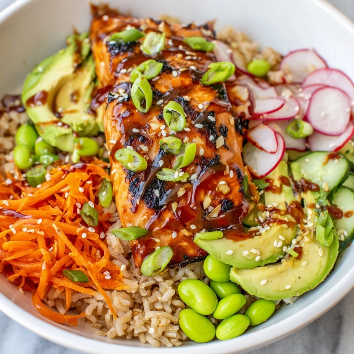 Tender caramelized Asian salmon grain bowl served over hearty brown rice and fresh veggies