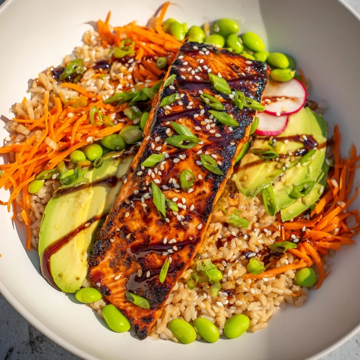 Colorful Asian salmon grain bowl topped with edamame, radishes, and a tangy soy dressing