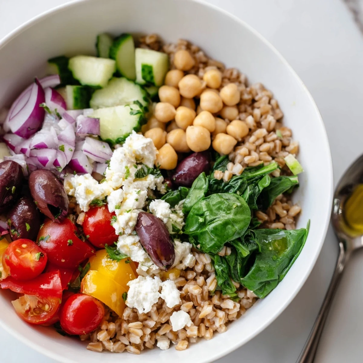 Colorful Mediterranean grain bowl topped with crisp veggies, feta, and lemon-herb dressing