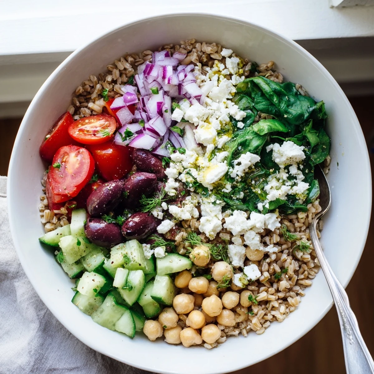 A vibrant Mediterranean grain bowl drizzled with zesty dressing, served in a rustic dish