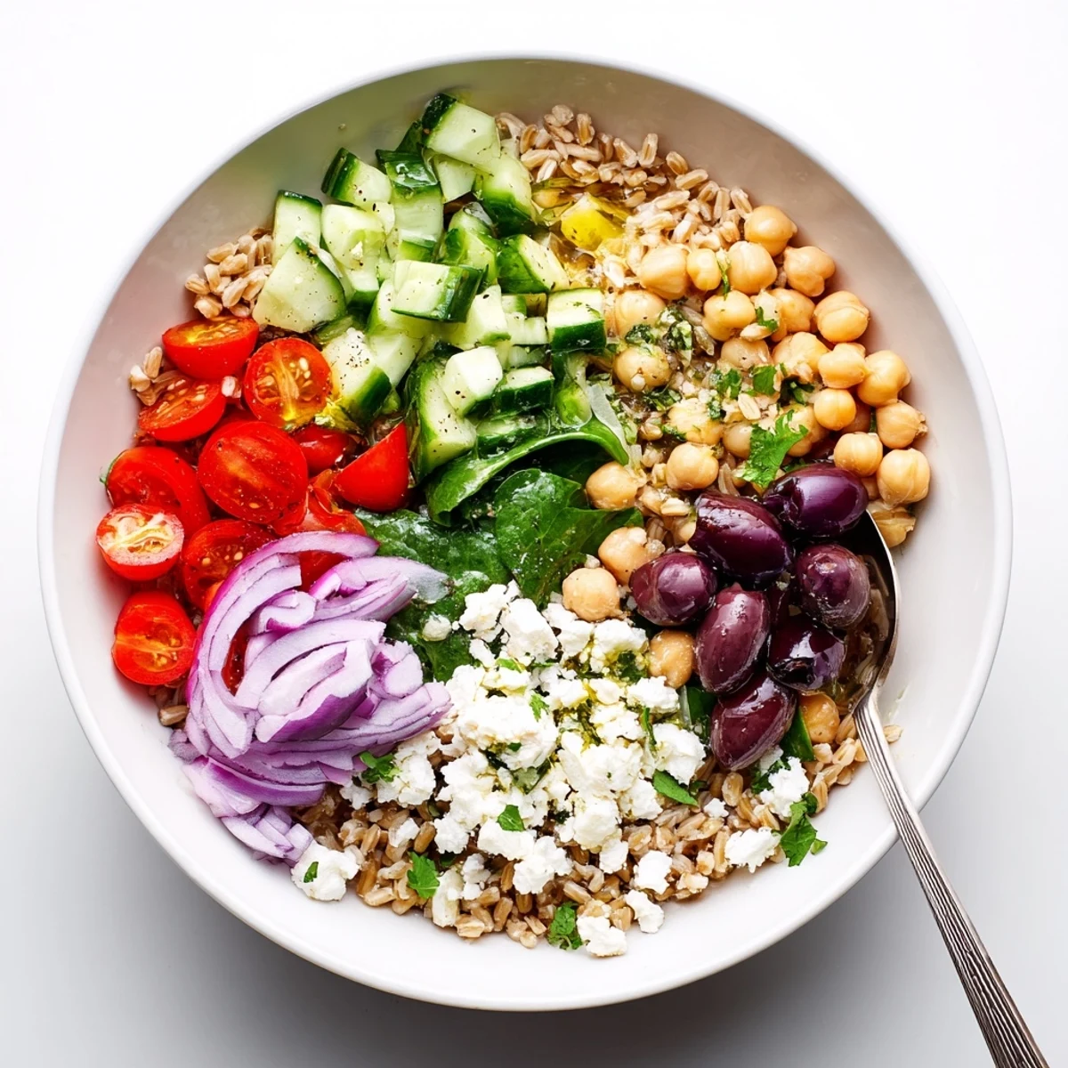 Mediterranean grain bowl showcasing fluffy farro, juicy tomatoes, olives, and crumbled tangy feta