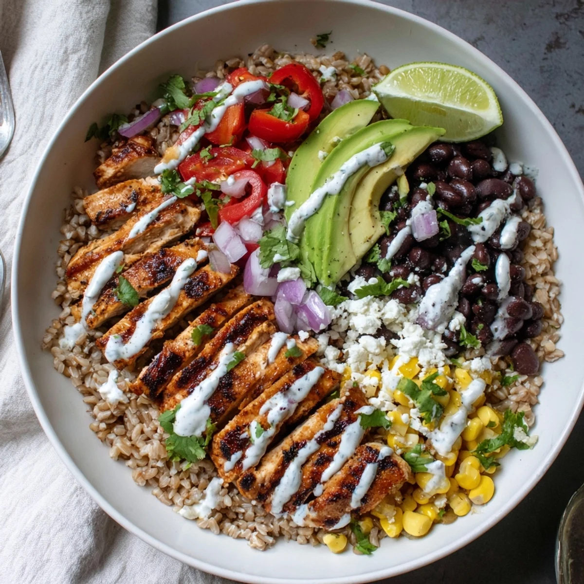 Colorful Mexican Chicken Grain Bowl featuring spiced grilled chicken black beans and vibrant vegetables