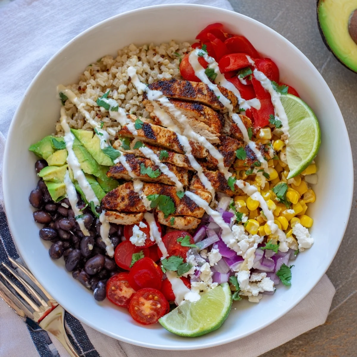 Steaming Mexican Chicken Grain Bowl garnished with crumbled cotija cheese cilantro and lime wedges