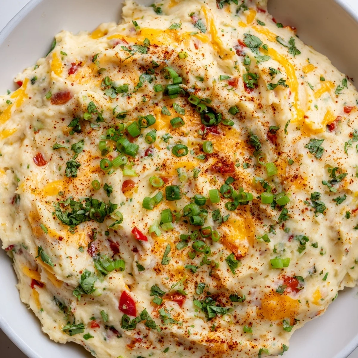 Creamy Tex Mex mashed potatoes topped with cilantro and melted cheddar cheese
