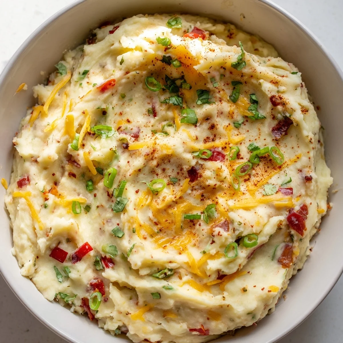 Spicy Tex Mex mashed potatoes in a bowl with jalapeños and green onions