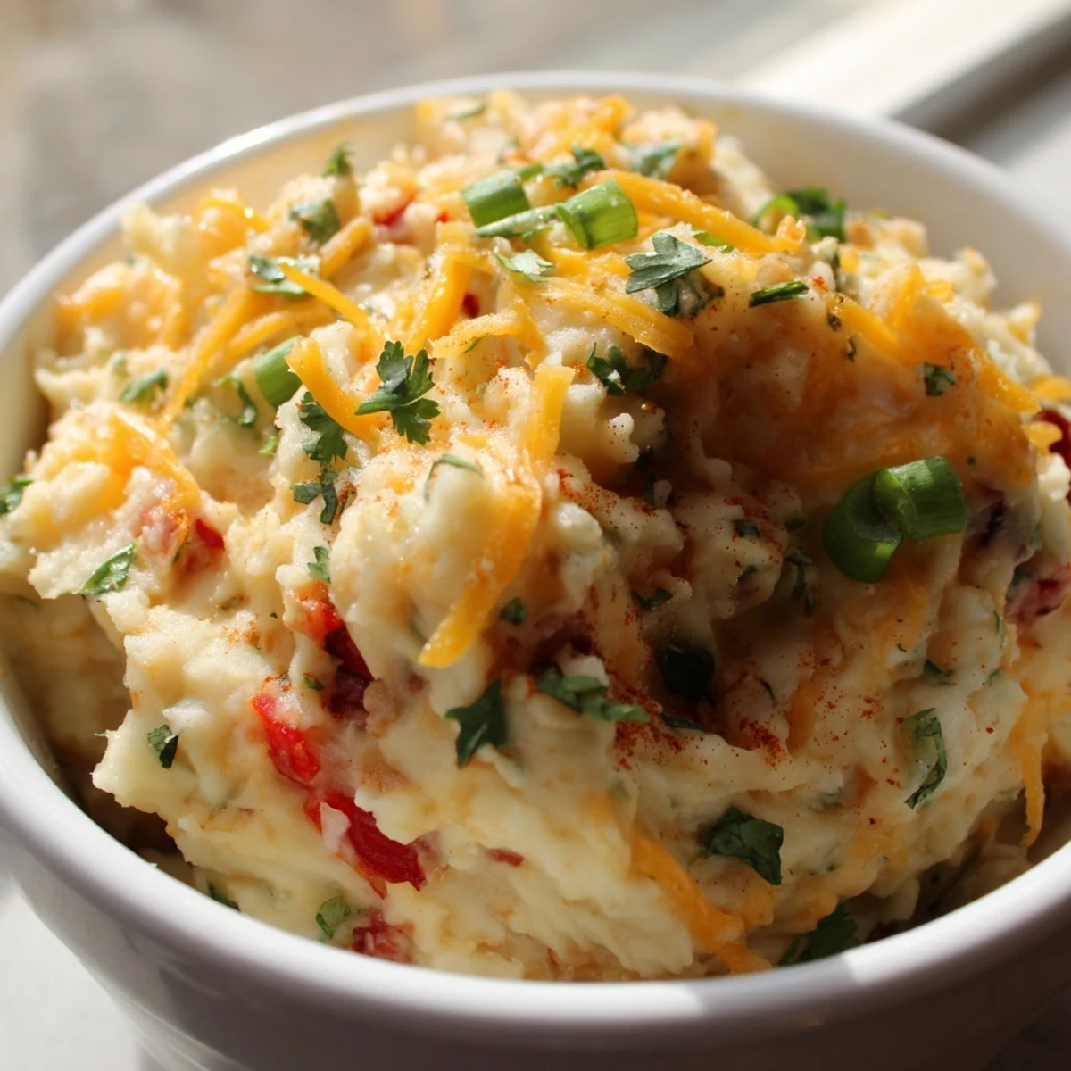 Golden Tex Mex mashed potatoes served steaming with bell peppers and sour cream
