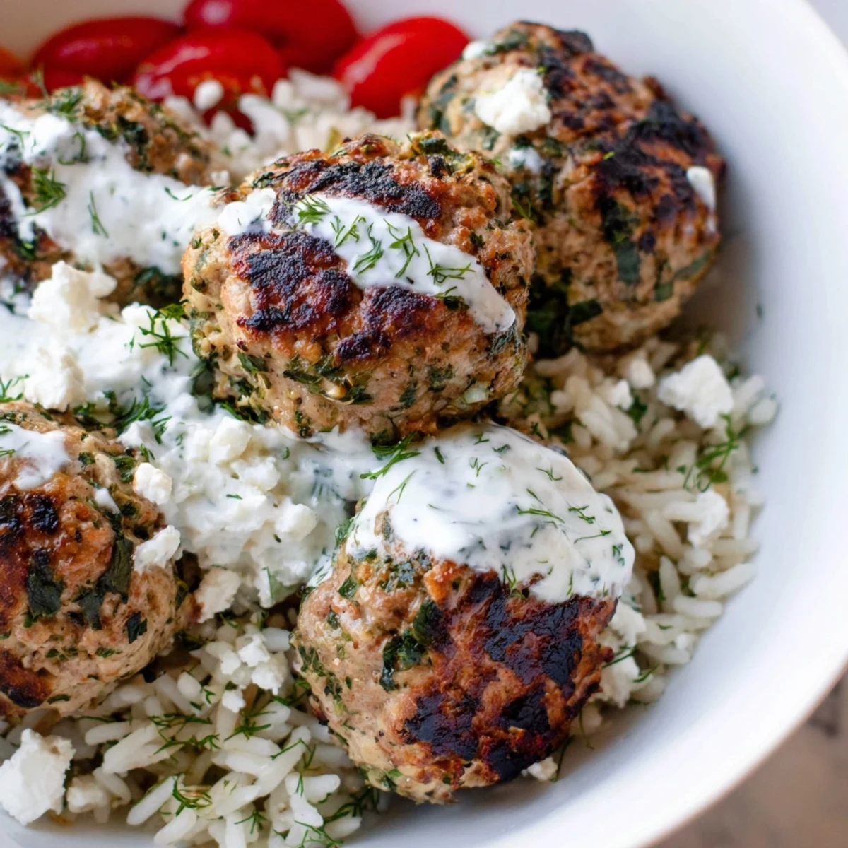 Golden za'atar-crusted turkey meatballs nestled over herbed rice with creamy yogurt sauce
