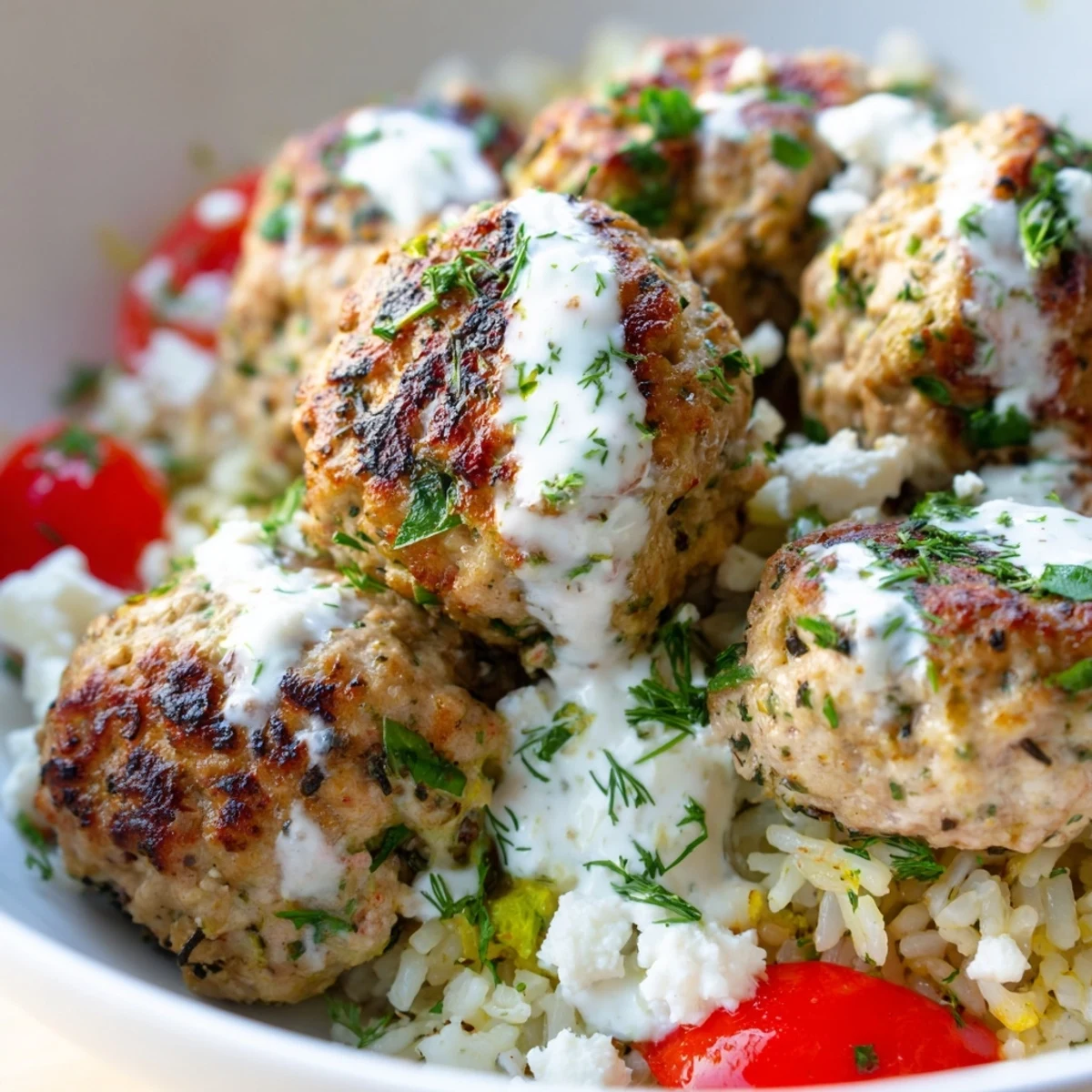 Mediterranean Zaatar turkey meatball bowls drizzled with tangy yogurt and bright lemon wedges