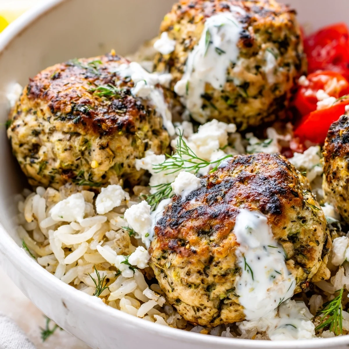 Steaming Mediterranean Zaatar turkey meatball bowls crowned with crisp cucumbers, tomatoes, and crumbled feta