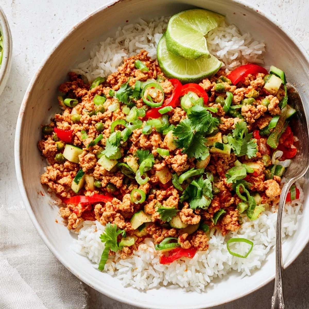 Warm Spiced Turkey Rice Bowls featuring colorful bell peppers and fluffy white rice