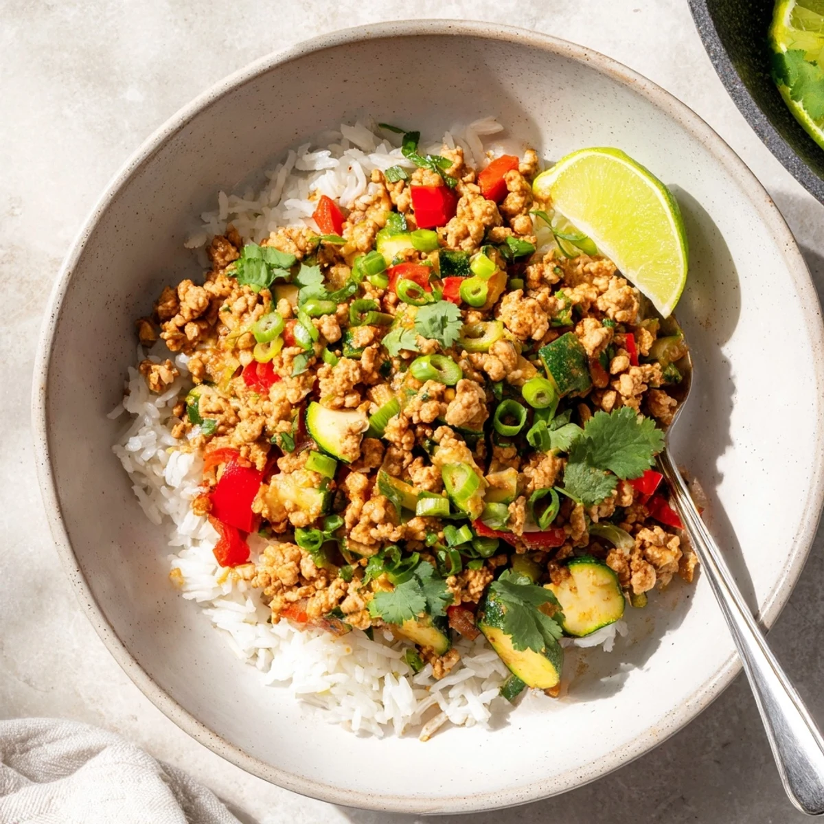 Spiced Turkey Rice Bowls topped with fresh cilantro and a bright lime wedge