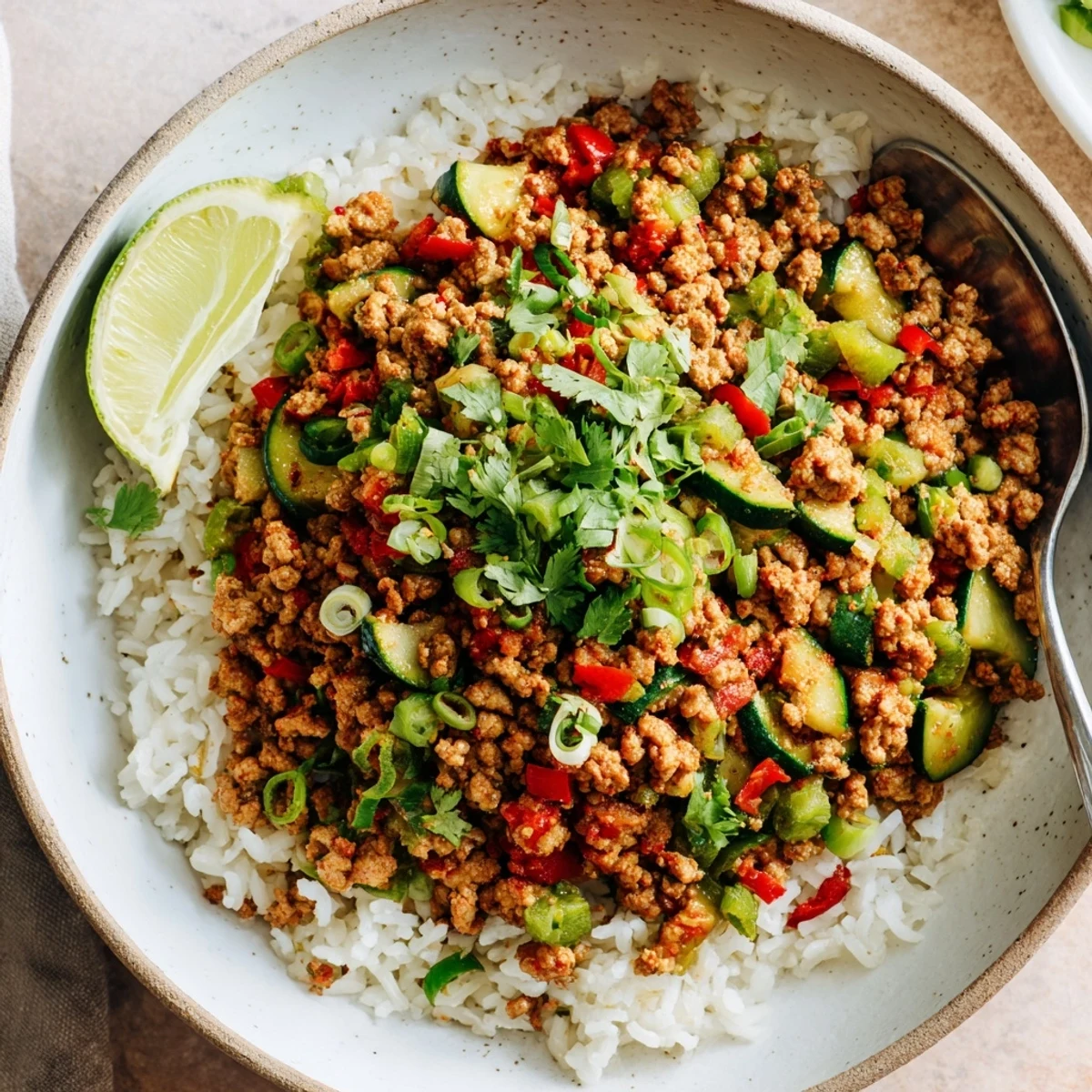 Hearty Spiced Turkey Rice Bowls served in a rustic dish with vibrant vegetables
