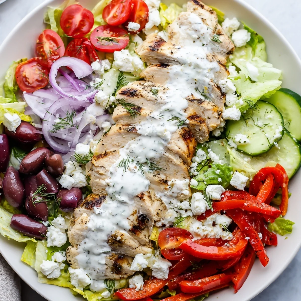 Greek Chicken Salad topped with sliced grilled chicken and drizzled whipped feta dressing