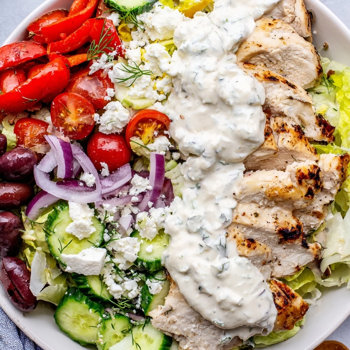 Crisp greens, juicy cherry tomatoes, and kalamata olives in this Greek Chicken Salad