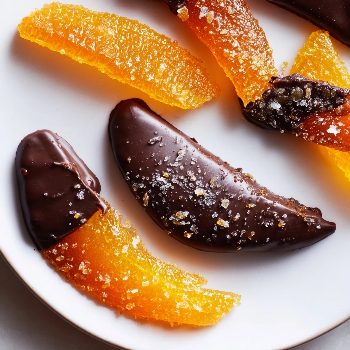 Glossy chocolate covered orange peels arranged on parchment, dusted with flaky sea salt