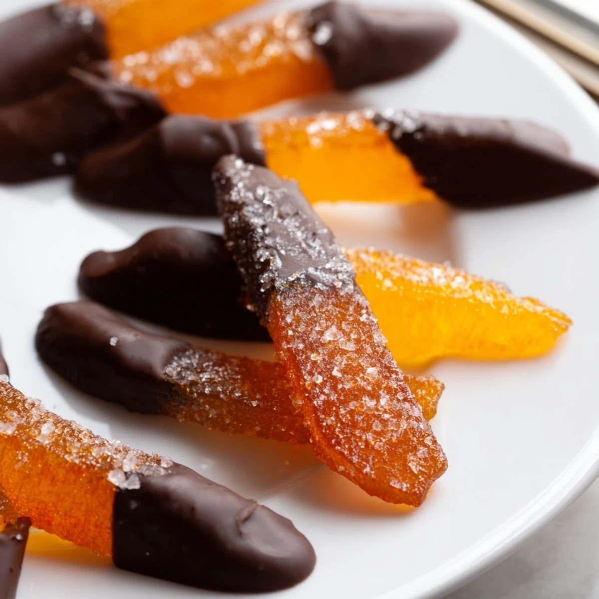 Candied chocolate covered orange peels glistening with dark chocolate against a rustic cutting board