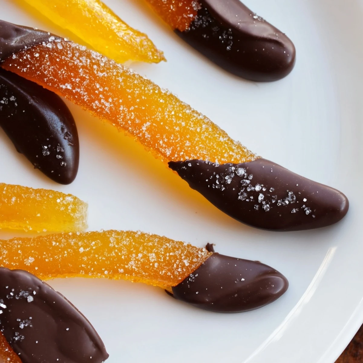Golden candied orange strips half-dipped in dark chocolate, piled in a gift box