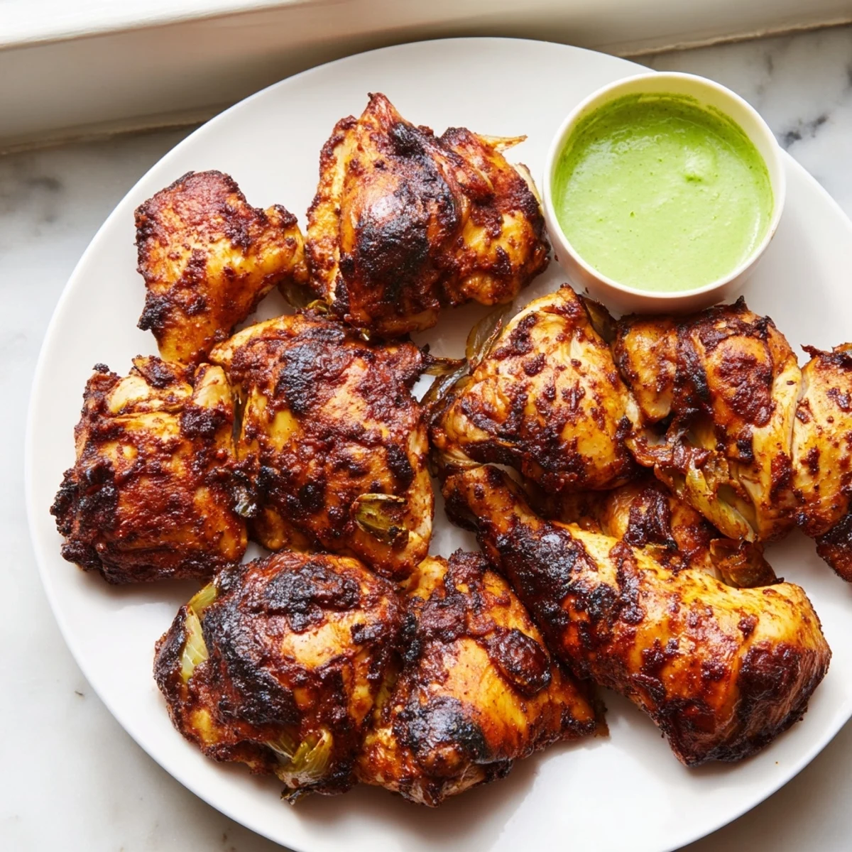 Golden roasted Peruvian chicken with crisp skin served alongside vibrant green sauce