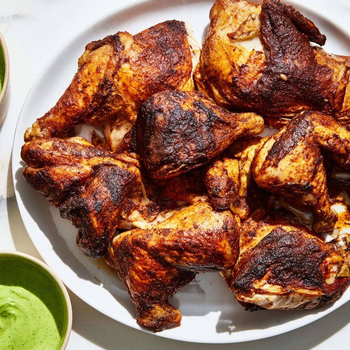 Juicy Peruvian chicken carved on a wooden board with creamy cilantro drizzle