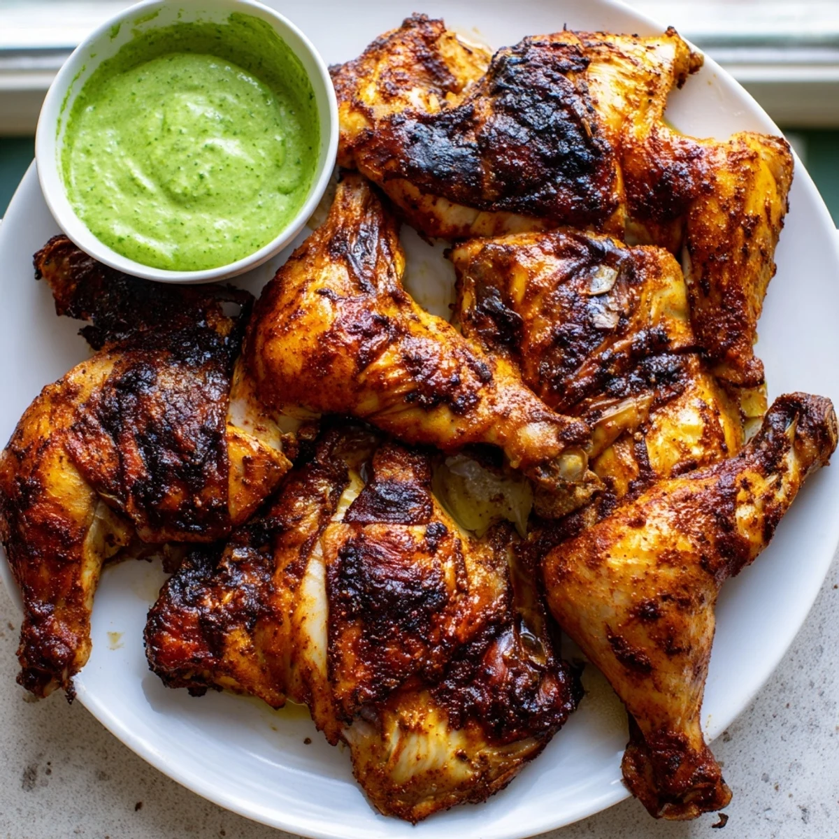 Spiced Peruvian chicken fresh from the oven resting next to bright aji verde